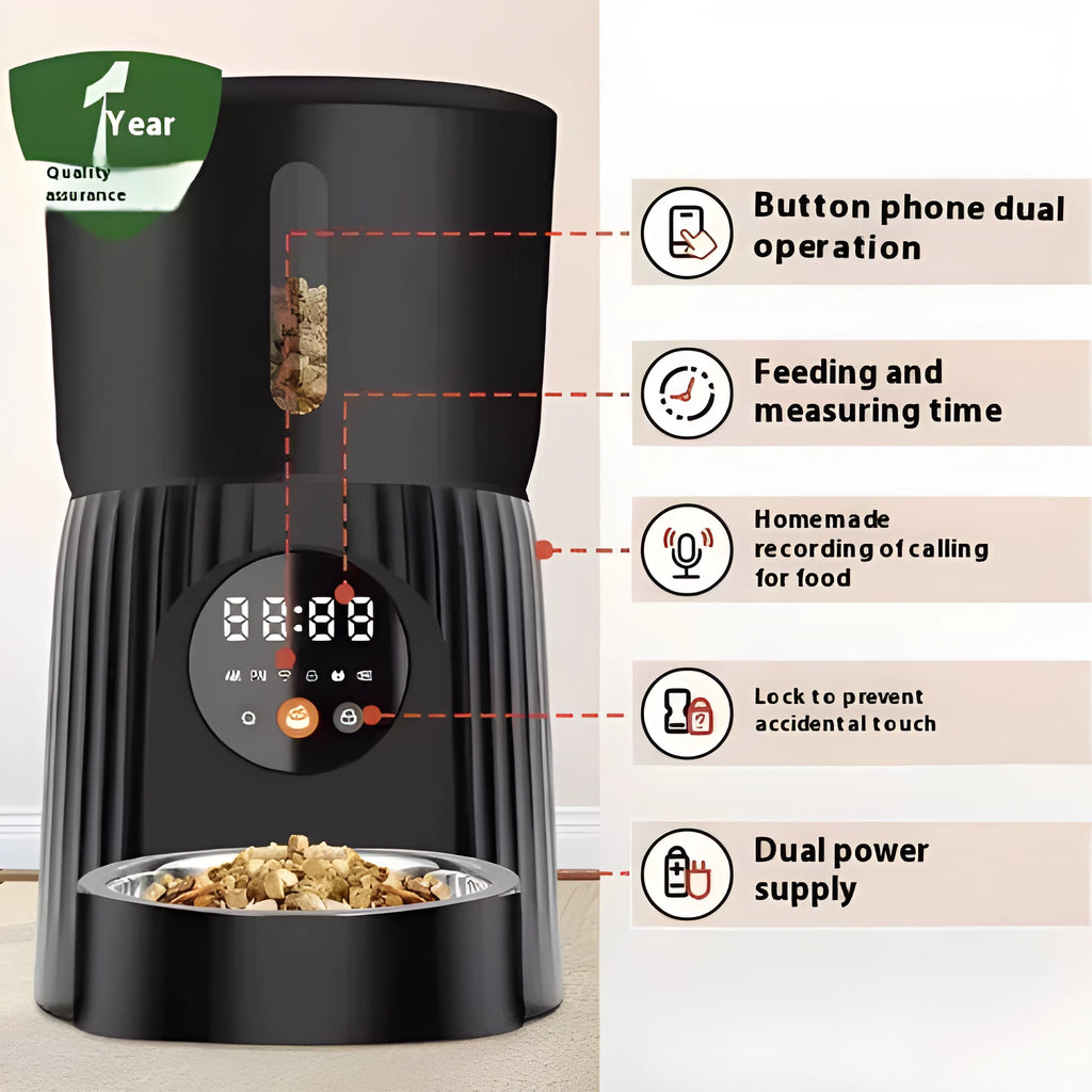 Black and white automatic intelligent pet feeder with USB cable for timed, portion-controlled feeding.