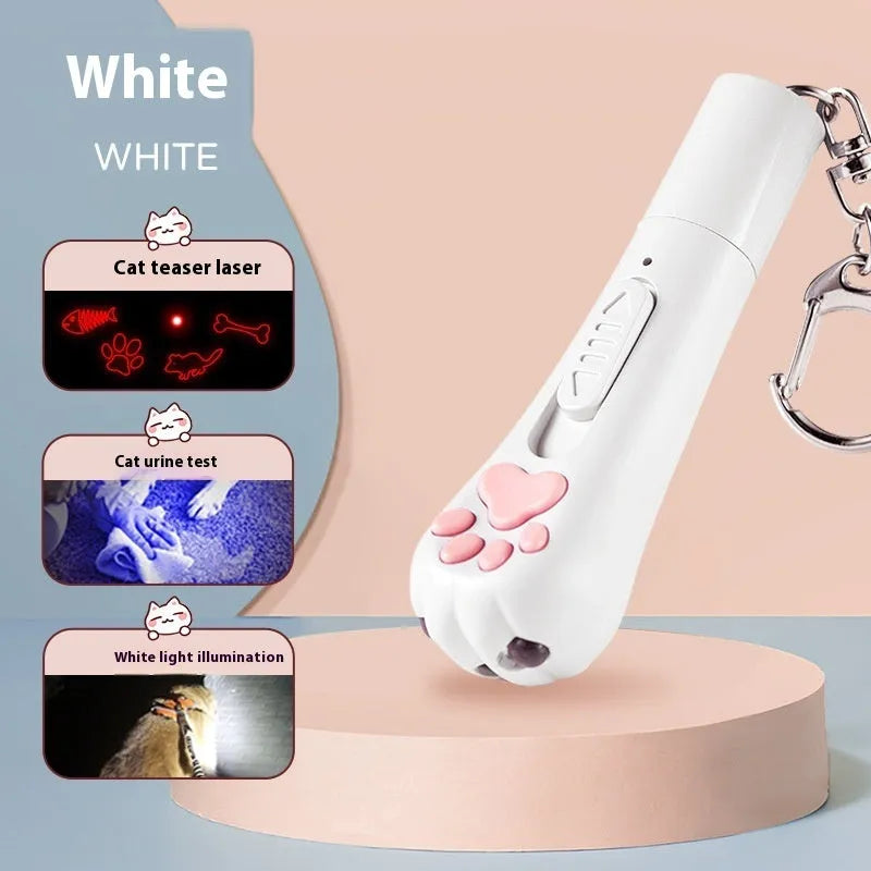 Colourful plastic cat teaser wand toy with a pen light feature on a white background.