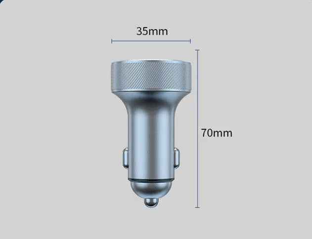 Black aluminium alloy car charger with digital display and three USB ports plugged into a vehicle socket.