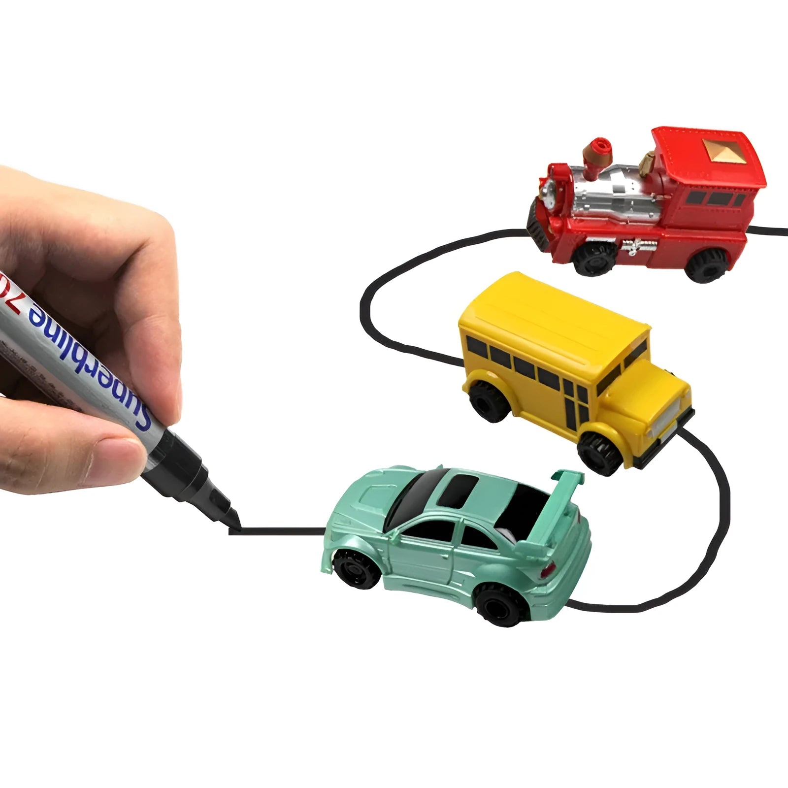Mini magic pen inductive tank car toy with optical sensor follows drawn line on white paper