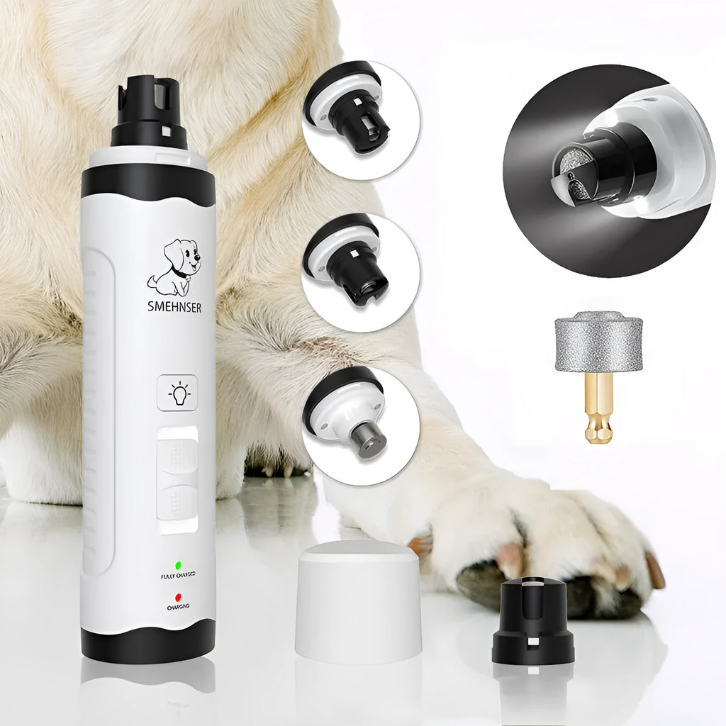 Electric dog nail grinder with LED display showing three speed settings for pet claw care