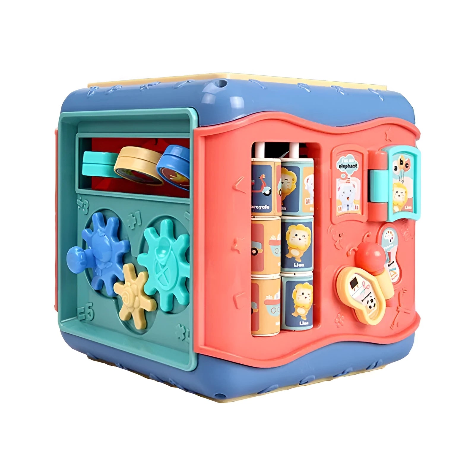 ABS plastic hexahedron educational toy with six different Montessori activities including bead maze and gears