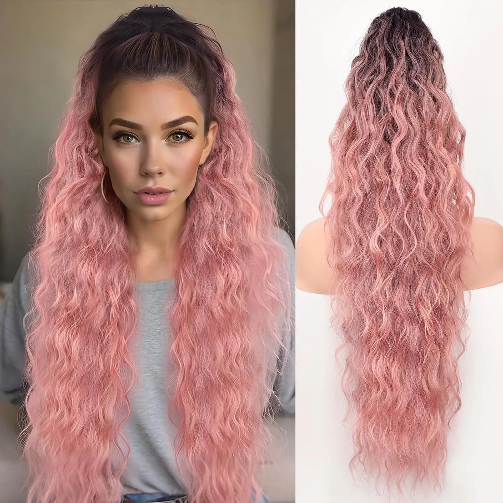 Long, fluffy curly synthetic ponytail wig in a high temperature fibre, shown in a 30-inch length.