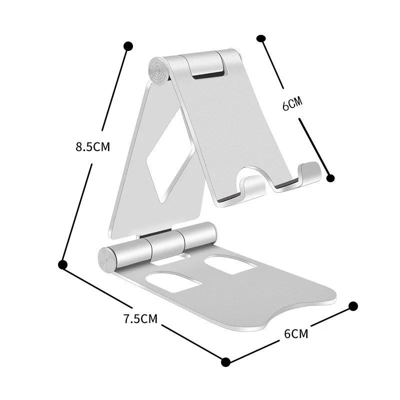 Aluminium alloy folding desktop phone stand in metallic finish, universal bracket for all phone brands