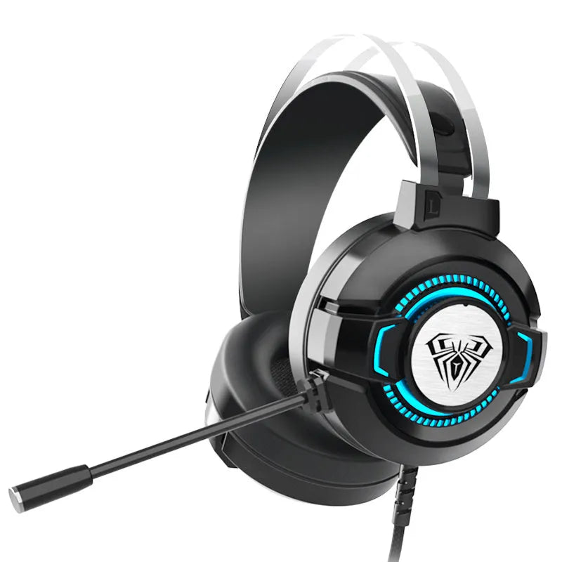 Black S602 gaming headset with colourful breathing light on ear cups, detachable microphone, and padded headband