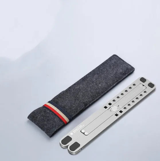 Aluminium foldable laptop stand shown in silver colour, adjusted to a mid-height position.