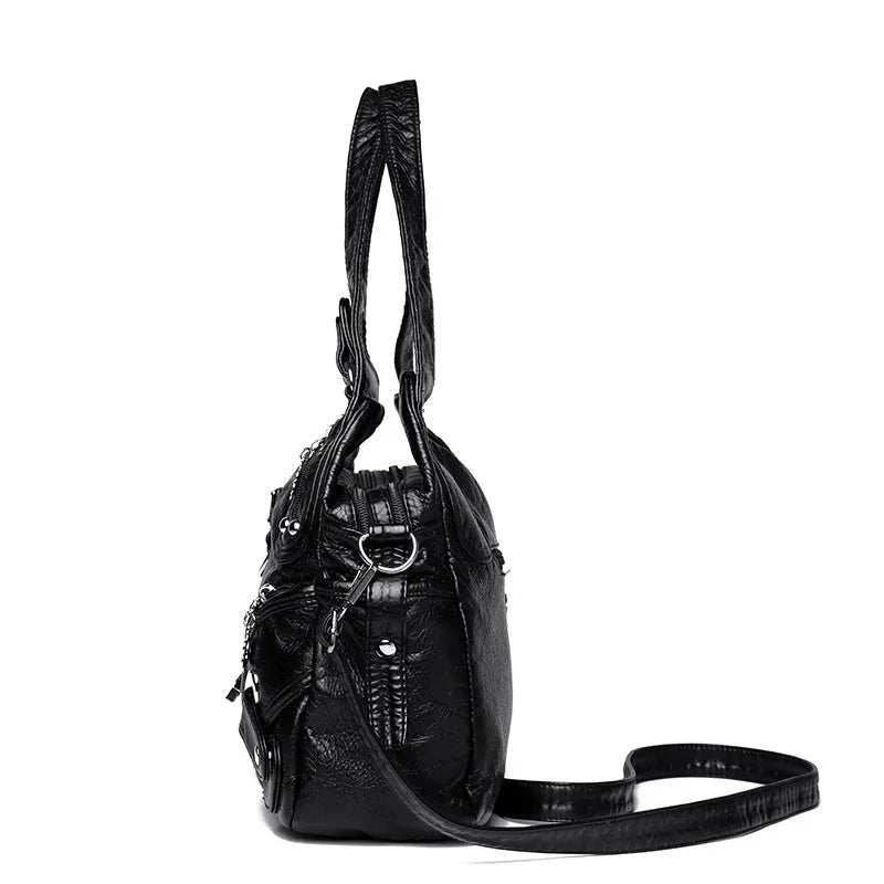 Women's large capacity washed leather handbag in soft PU with horizontal square shape and multi compartment interior