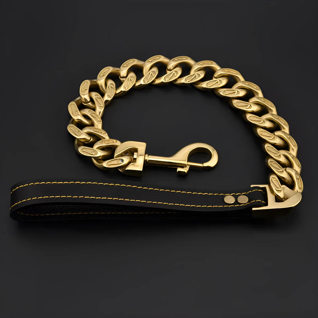 32mm stainless steel dog chain leash in gold or white, available in 70cm to 100cm lengths