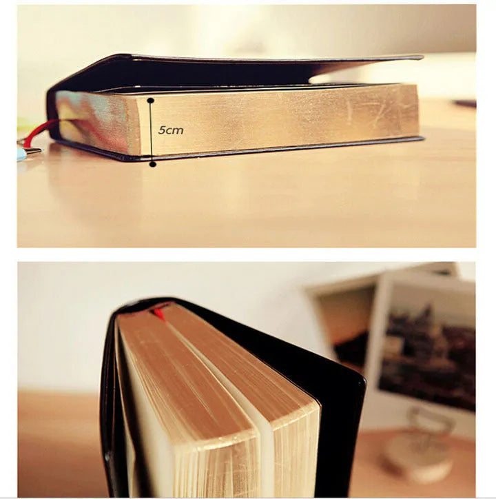 Large thick leather Phnom Penh notebook in gold, A6 size, 480 pages, open on a desk