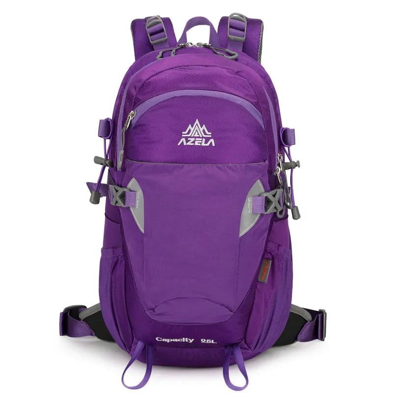 AZELA grey hiking backpack with adjustable straps on rocky trail outdoor setting