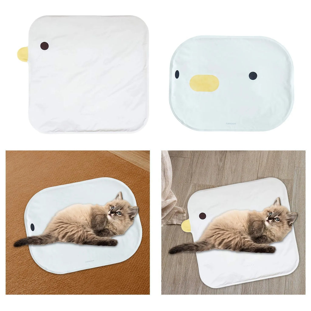 Washable chick-shaped pet cooling mat measuring 45cm by 45cm with composite cloth construction