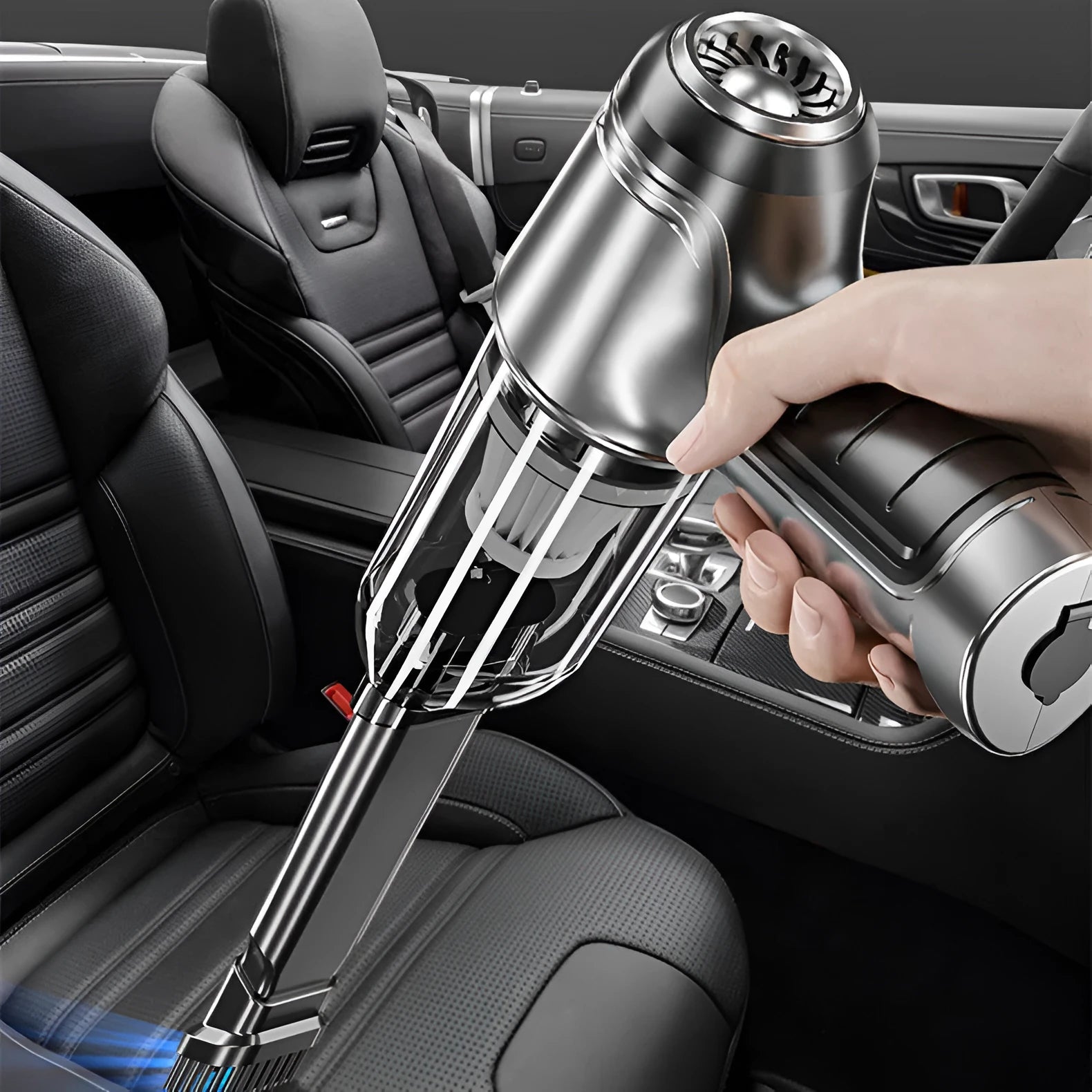 Handheld brushless motor car vacuum cleaner with flat and long suction nozzles and charging cable.