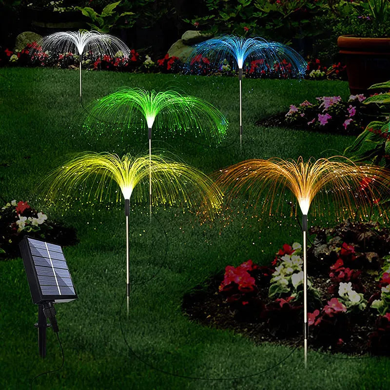 Solar fiber LED jellyfish ground light with remote control in a garden setting, IP44 outdoor decorative light