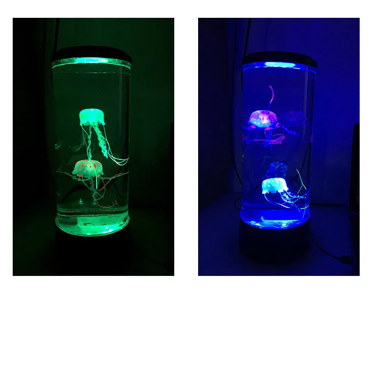 Black jellyfish LED light with acrylic shade on a desk, 35cm tall, USB powered