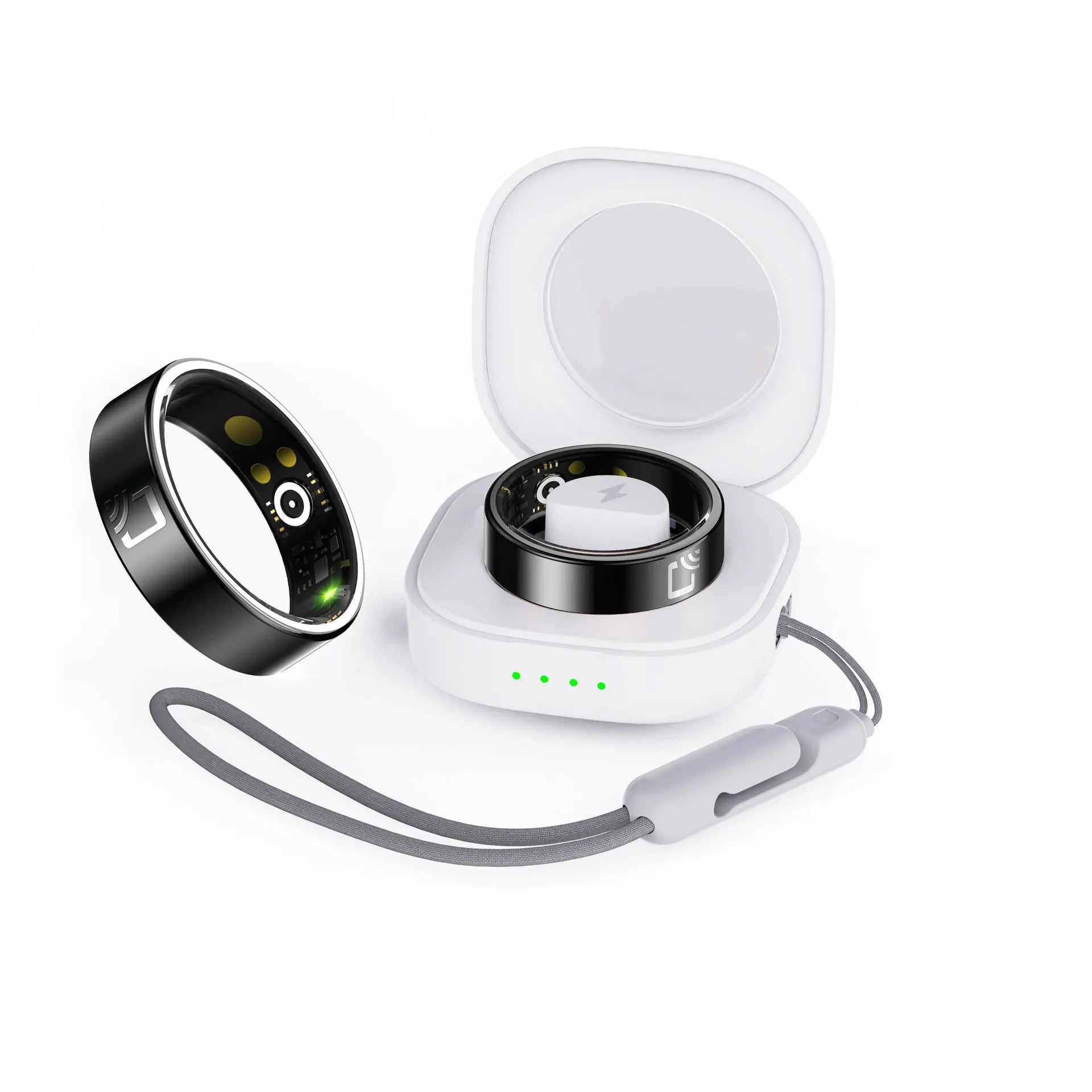 Black ceramic smart ring with health monitoring features including heart rate and blood oxygen tracking