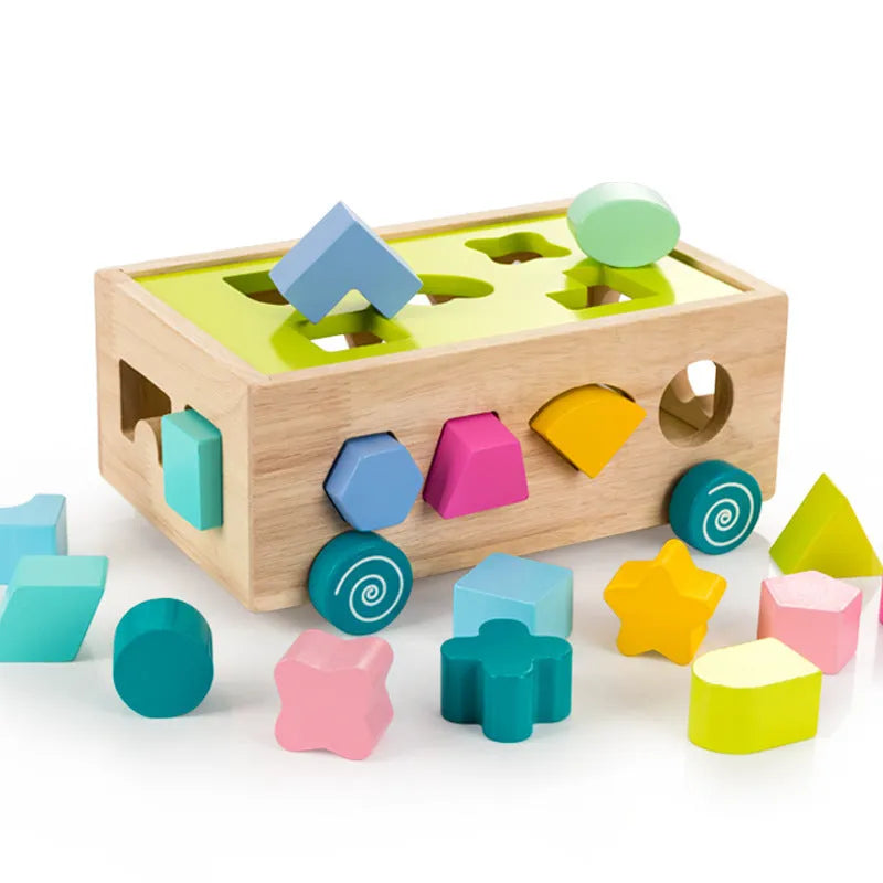 Wooden geometric shape sorter on wheels with 17 sorting holes and colourful cubes for toddlers age 3 plus