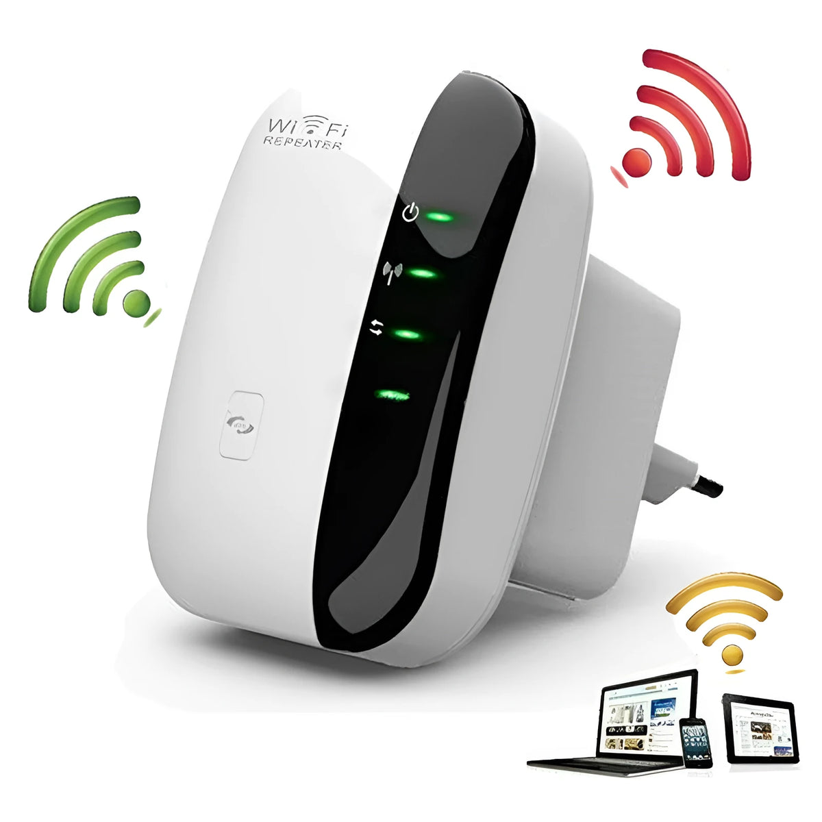 White and black WiFi repeater, 75x90mm, with 2dBi antennas and 300Mbps 2.4GHz WLAN signal amplifier