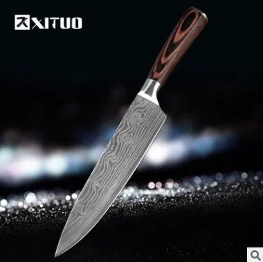 7Cr17 stainless steel kitchen knife with Damascus pattern blade and coloured wood handle on a cutting board.