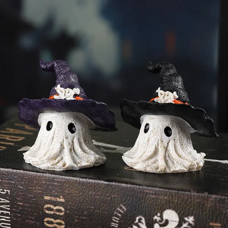 Resin Halloween wizard hat ghost ornament in black or purple colours for seasonal decoration