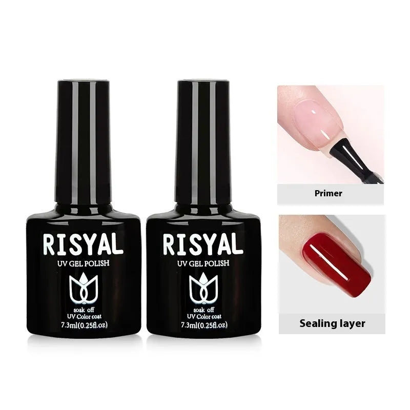 UV nail polish full set with crystal extension glue, mini baking lamp, base glue, sealing layer and six extension glues in a zipper bag