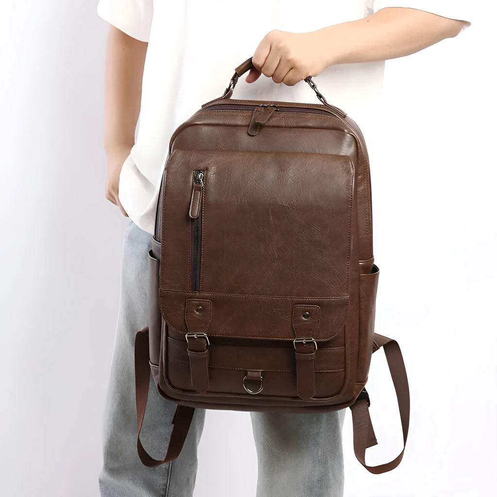 Men's casual business backpack in solid colour, black PU leather, urban simplicity style for travel