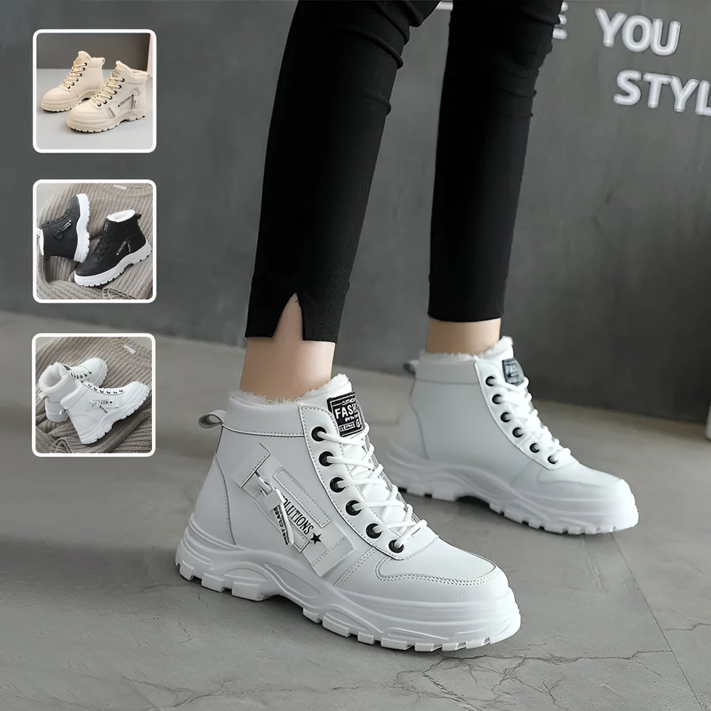 Fleece lace-up boots in black with high-top design, flat heel, and round toe. Artificial PU upper with short plush lining and waterproof platform.