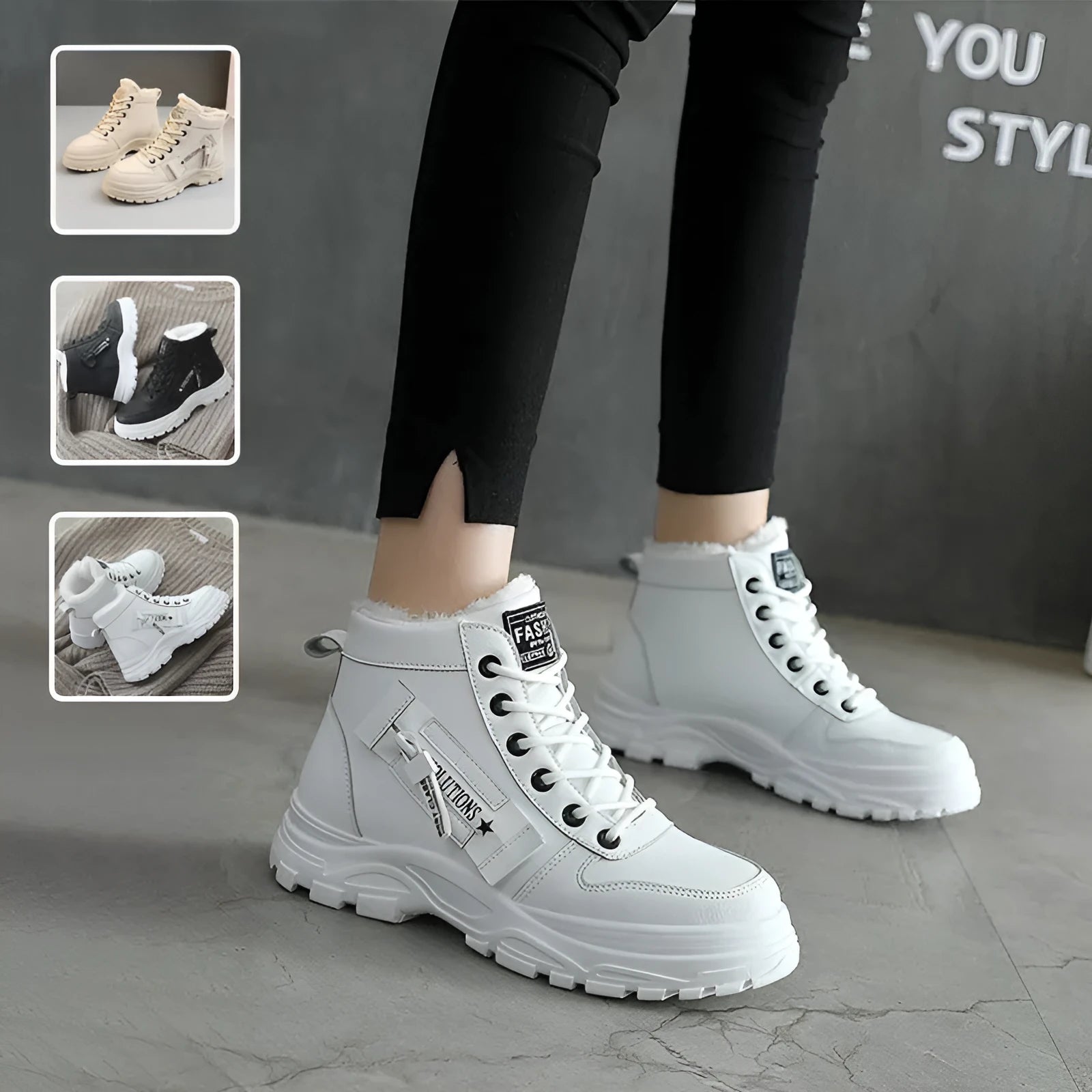 Fleece lace-up boots in black with high-top design, flat heel, and round toe. Artificial PU upper with short plush lining and waterproof platform.