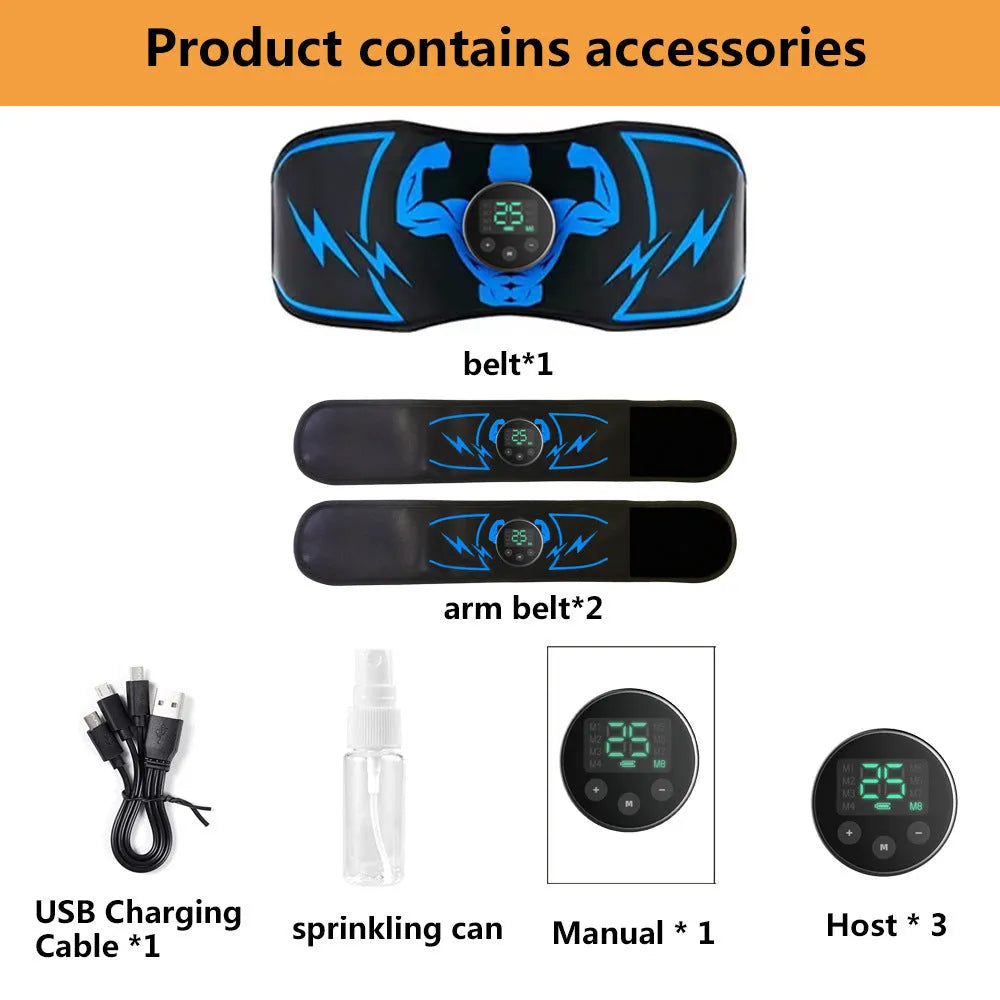Blue EMS abdominal stimulation belt with wireless remote control and multiple stimulation units for fitness muscle activation