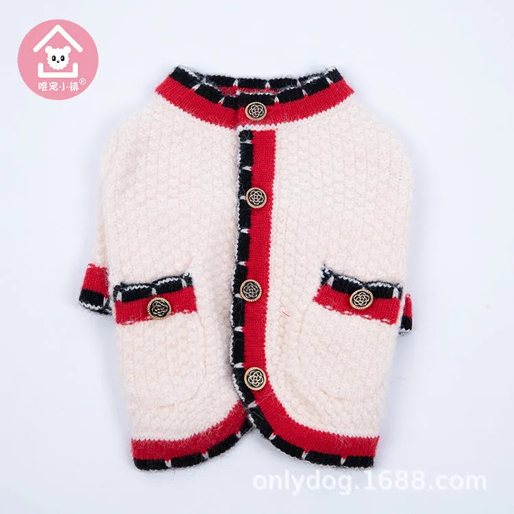 Blue Classic Princess style Wool cardigan sweater for a dog, showing cardigan opening and soft knit.