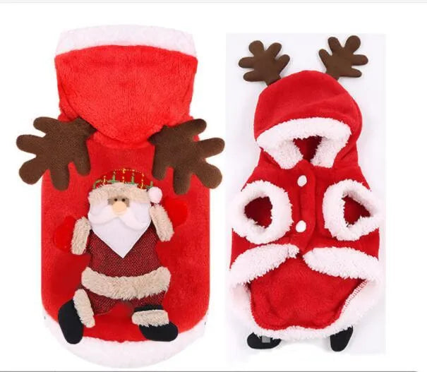 Red flannel Santa dog costume for small dogs with coat design, shown on a pet, sizes XS to XL