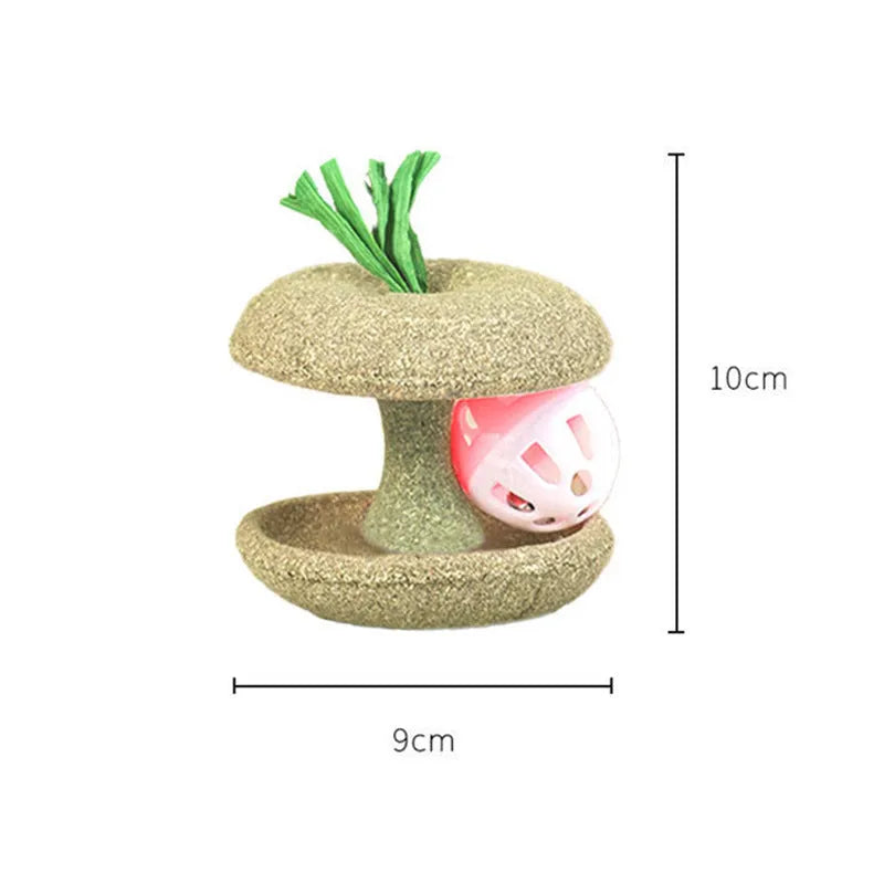 Green edible catnip toy with bell for cat teeth cleaning and chasing game