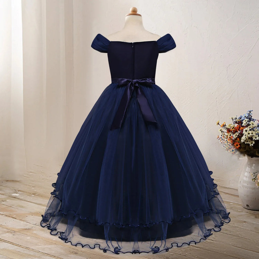 One-shoulder solid colour children's party dress in blue, polyester fibre, with simple design for ages child sizes 130-170cm