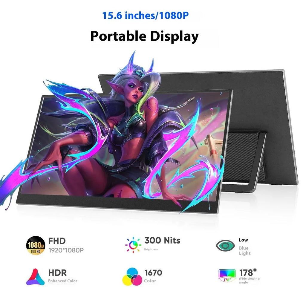Black 15.6-inch portable USB HDMI monitor with adjustable stand on desk