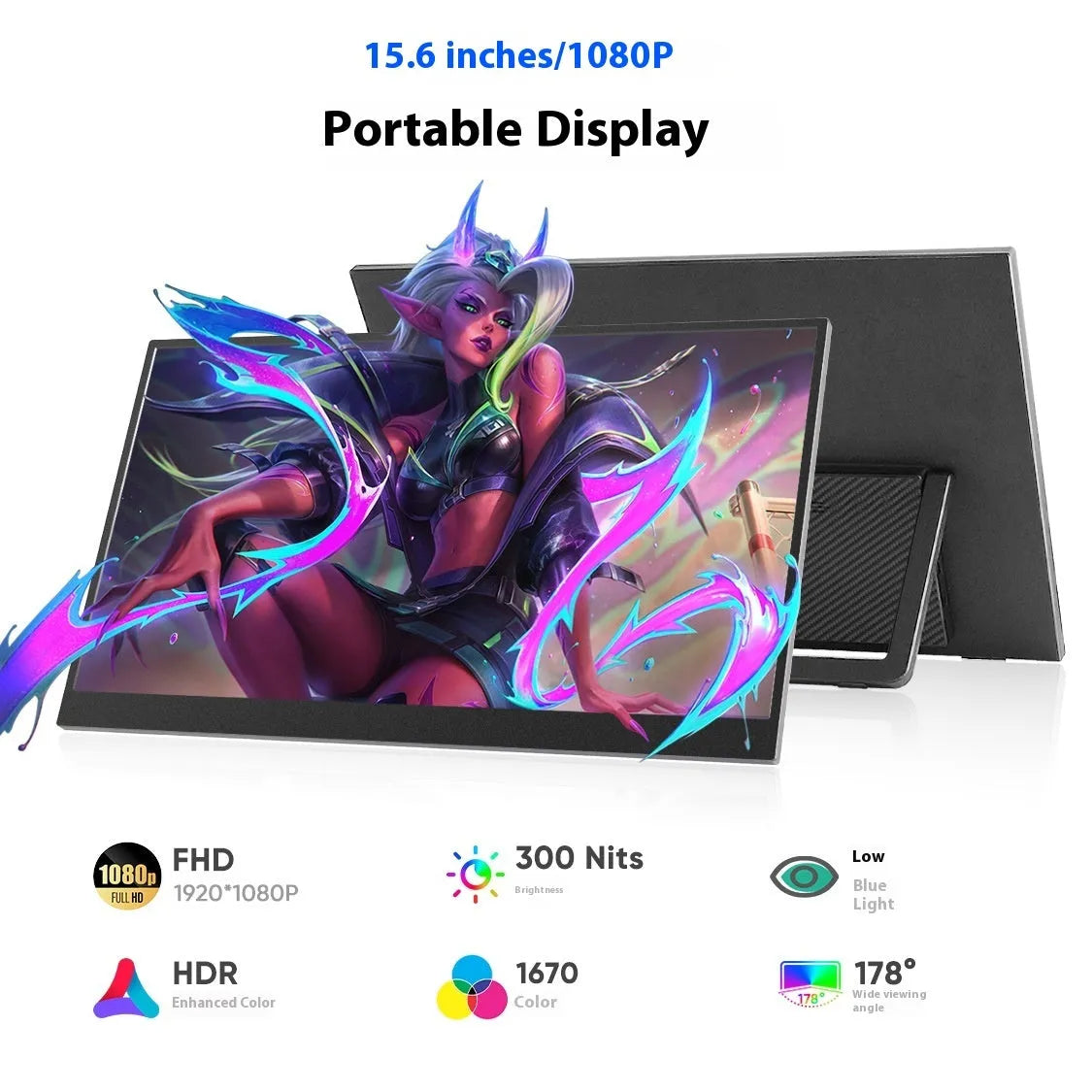 Black 15.6-inch portable USB HDMI monitor with adjustable stand on desk