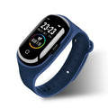 Blue silicone smart bracelet with integrated earphones and a 1-inch screen for fitness tracking
