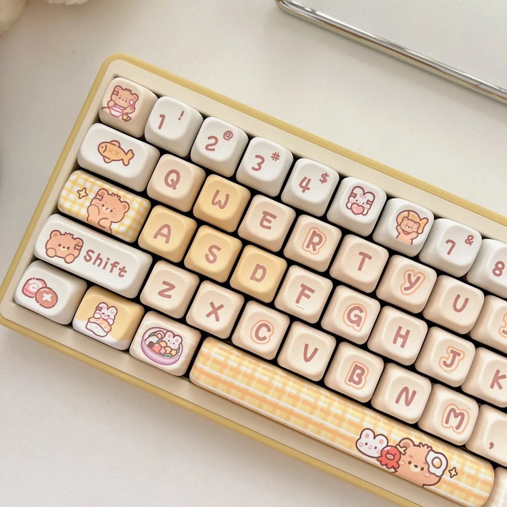Rabbit Bear Restaurant themed PBT plastic keycap set with 140 pieces in EOA height profile.