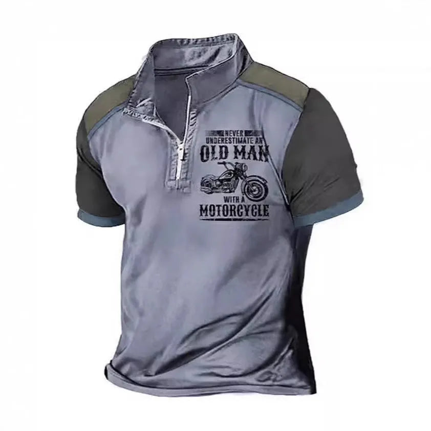 Men's casual polo shirt with lapel collar and black letter digital printing on chest.