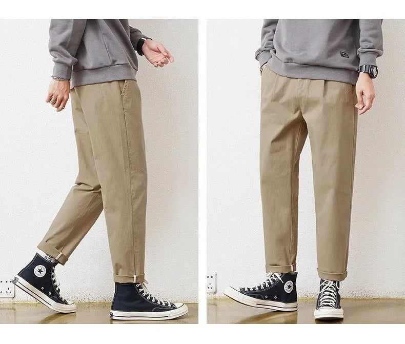 Men's loose wide-leg casual pants in dark gray, cotton and spandex blend, straight leg with zip fly