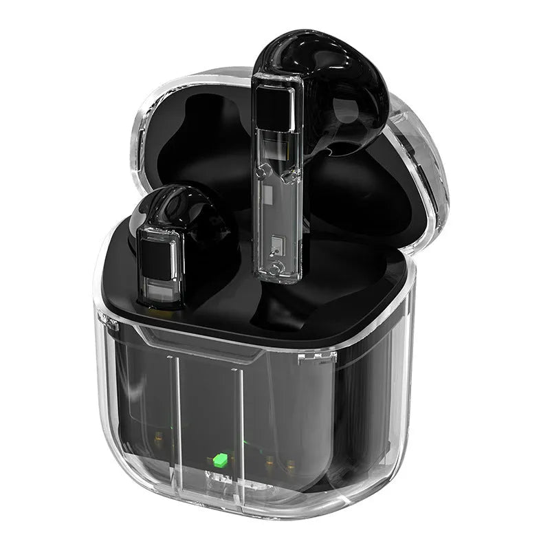 YX06 wireless TWS headphones in four colours with a transparent charging case.