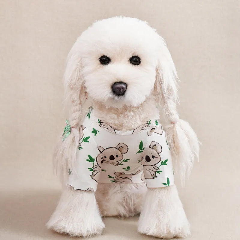 Small dog wearing a colourful printed polyester t-shirt, showing the casual fit and full-body design.