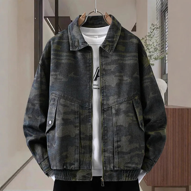 Men's camouflage polo collar jacket in cotton, regular fit, dark green camouflage colour, spring autumn daily wear