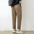 Men's loose wide-leg casual pants in dark gray, cotton and spandex blend, straight leg with zip fly