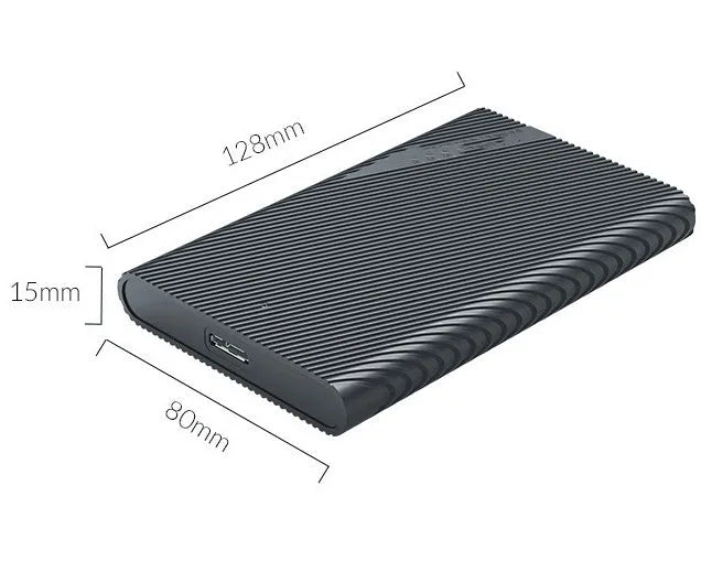 Black ABS 2.5-inch USB 3.0 hard drive case for SSD and HDD, 128mm length, 80mm width, 15mm height, with data cable