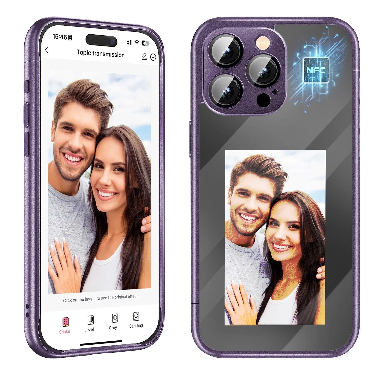 Black and Purple plastic flip phone cases for IPhone 15 Pro and Pro Max with NFC screen.