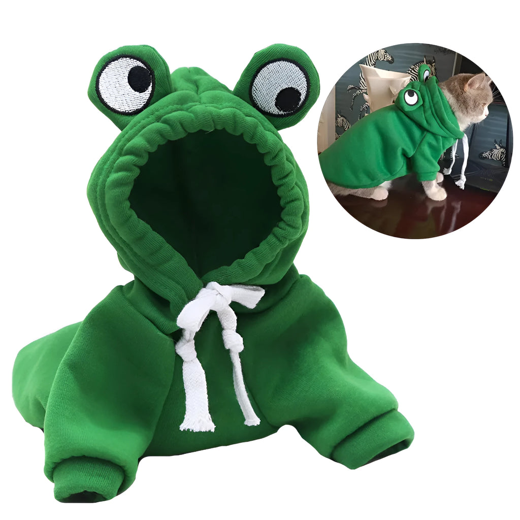 Green frog costume hoodie on a small dog, showing hood with frog face and four-legged jumper fit.