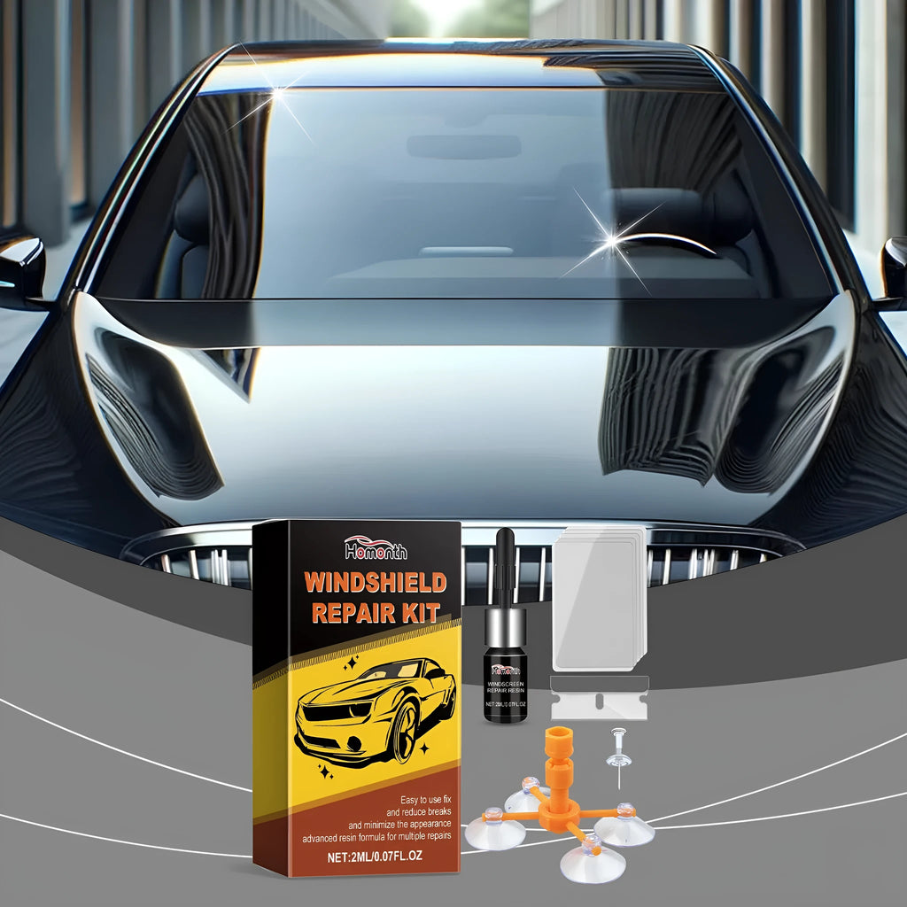 Windshield repair suit with 2ml fluid, bracket, blade, curing films, and teasing needle for car windscreen chip repair
