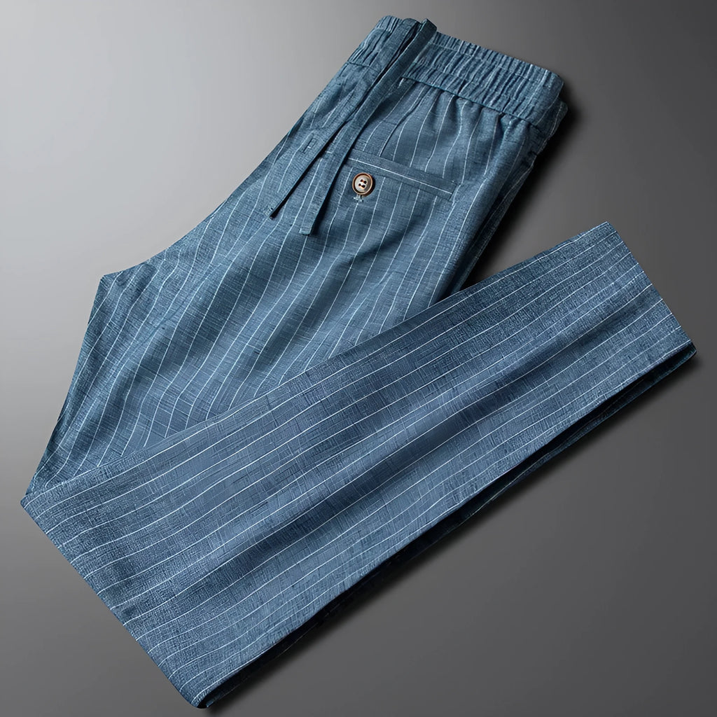 Men's casual striped linen trousers in blue gray colour with micro elastic waistband