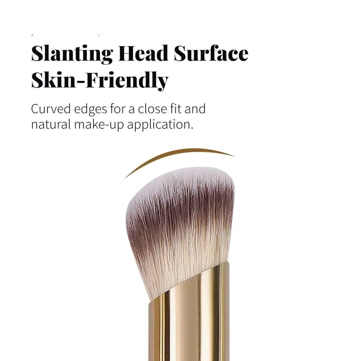 MAANGE five-piece apricot coloured makeup brush set with angled blush brush on a flat surface