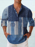 Thin digital bamboo linen patterned Hawaiian long sleeve shirt with stripes on hanger