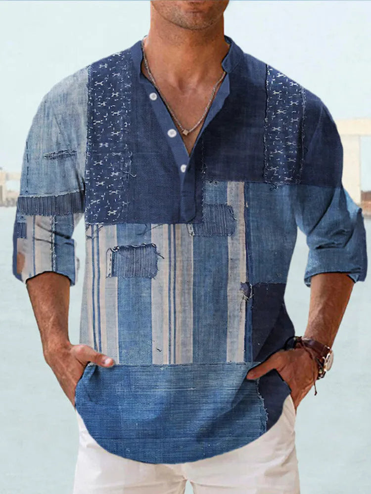 Thin digital bamboo linen patterned Hawaiian long sleeve shirt with stripes on hanger